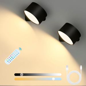 Lot De 2 Appliques Murales Led Sans Fil-Avec Batterie-10 Niveaux De Luminosité-Intensité Variable-3 Modes De Couleur-Lampe De Chevet-Magnétique Rotative À 360°-Pour Enfants, - Neuf