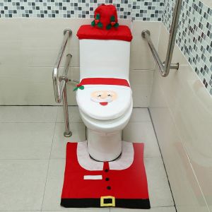 3 Pi&egrave;ces Santa Claus Couvercle De Toilettes Avec Pied Coussin Et Le R&eacute;servoir D'eau De La Couverture En Tissu Un - Neuf