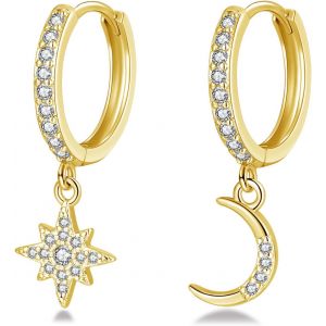 Kal-Boucles D'oreilles Créoles En Argent 925 Avec Pendentif, Boucles D'oreilles Pendantes En Argent Sterling 925 Avec Lune Et Étoile, Boucles D'oreilles Créoles Pendantes Pour Femme Et Fille - Neuf