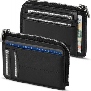Porte Carte de Crédit en Cuir Ultra Fin - Blocage et Sécurité Anti RFID - Porte-Monnaie intégré avec Zip - Portefeuille Rigide en Cuir - Jusqu¿à 6 Cartes bancaires (Noir) - Neuf