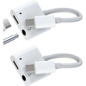 Subzonal-Lot De 2 Adaptateurs De Casque Usb C 3,5 Mm - Type C - C&acirc;ble De Charge 2 En 1 - R&eacute;partiteur Dac - Microphone Audio - Prise Jack De Voiture - C&acirc;ble De Charge Pour Apple Iphone 15 Pro Max - Co - Neuf