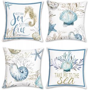 Eryi-Housse De Coussin Nautique Côtier 45 X 45 Cm Océan Plage Coquillage Conque Étoile De Mer Hippocampe Velours Doux Décoratif Été Taie D'oreiller Pour Salon Maison Décoration 4 Pièces - Neuf