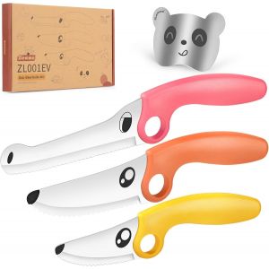 Oayew-4 Pi&egrave;ces Set Couteau Enfant Avec Anneau &Eacute;ducatif & Panda Prot&egrave;ge-Doigts, Coffret De Cuisine Pour Enfant Avec Anneau De S&eacute;curit&eacute;-Rose - Neuf
