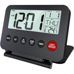 Petit Réveil de Voyage Numérique Fonctionne sur Piles Réveil Portable pour Les Voyages - Horloge Numérique, Alarme, Répétition, Température et Rétroéclairé (Piles Non Incluses) - Noir - Neuf