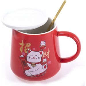 Eryi-- Tasse Chat Maneki Neko 250ml - Mug Rouge En Porcelaine Avec Couvercle & Cuillère - Mug Japonais Original À Thé & Café - Chat Japonais Kawaii Lucky Cat - Idée Cadeau Japon Asie - Neuf