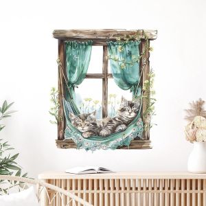 Fausse Fenêtre Sticker Muraux,Chat Dormant sur les Plantes de Fenêtre Stickers Mural Décorations Autocollants Murales Auto-adhésives Amovibles pour Salon et Chambre à Coucher - Neuf