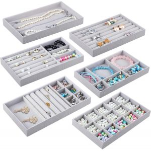 Subzonal-Rangement Bijoux Tiroir Organiseur, Lot De 6 Bo&icirc;tes &Agrave; Bijoux Empilables En Velours Pour Boucles D'oreilles, Bagues, Bracelets, Broches, Bolliers - Gris - Neuf