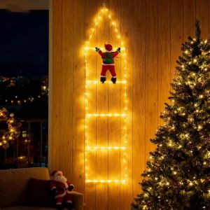 Jgd-Guirlande &Eacute;chelle De No&euml;l Avec P&egrave;re No&euml;l, 1,25 M, 98 Led Blanc Chaud, 8 Modes Avec Minuteur Et M&eacute;moire, D&eacute;coration De Int&eacute;rieur/Ext&eacute;rieur (Blanc Chaud) - Neuf