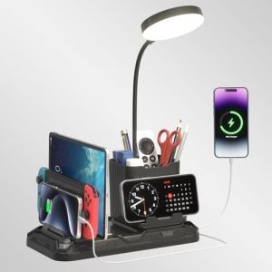 Lampe de bureau avec port de charge USB A&C - Lampe de bureau LED avec support mobile et porte-crayon - Lampes de chevet à intensité variable avec emplacement pour appareil pour chambres de bureau - Neuf