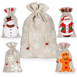 Sacs-Cadeaux En Toile De Jute De Noël, 5 Pièces Sacs En Toile De Jute De Noël Imprimés Avec 4 Styles De Noël Avec Des Sacs De Bonbons À Cordon Pour Un Sac En Toile De Jute De Fête De Noël - Neuf