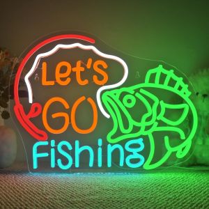 Panneau Lumineux N&eacute;on Let's Go Fishing - Avec Usb - Intensit&eacute; Variable - Convient Pour Les D&eacute;corations De Salon, Les Clubs De Poissons, Les Bars, Les Magasins En Plein Air - Neuf