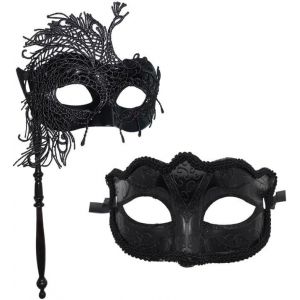 Lot De 2 Masques V&eacute;nitiens En Dentelle Avec B&acirc;ton-Pour Femme Et Fille-Pour Halloween,Carnaval,Bal Masqu&eacute; - Neuf