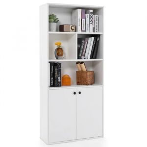 COSTWAY Biblioth&egrave;que &agrave; 5 Niveaux avec 2 Portes, Cubes Ouverts et &Eacute;tag&egrave;re R&eacute;glable pour Salon, Chambre, Bureau 70x29,5x155cm Blanc - Neuf