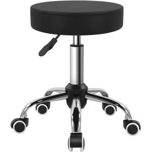 Ulteronixshop-Tabouret pivotant en cuir synth&eacute;tique noir avec roulettes, parfait pour salon, travail, maison, spa, magasin, petit tabouret &agrave; roulettes r&eacute;glable en hauteur et &eacute;conomique (noir) - Neuf