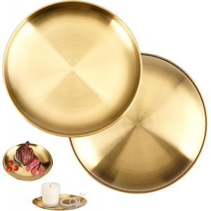 Checarzhn--No1-Plateau De Service Rond Doré En Acier Inoxydable 20 Cm, 2 Pièces Plateau Doré, Plats De Service En Inox Plateau Pour Restauration, Assiette Décorative Pour Cuisine, Bougies, Bijoux, Gâ - Neuf