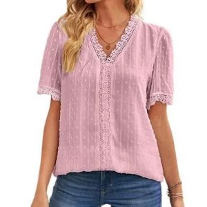 Chemisier Femme Dentelle Col En V - Manches Courtes Loisirs DÉté Tunique En Jacquard En Dentelle Blouse Rose - Neuf