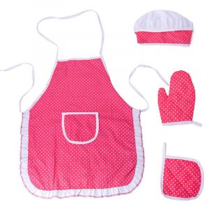 Ensemble De Cuisine Pour Enfants, Tablier De Cuisine Réglable Rose Rouge Avec Toque, Gant De Cuisine Et Tapis Résistant À La Chaleur Pour Garçons Et Filles De 3 À 8 Ans - Neuf