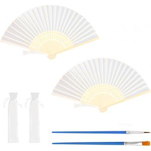 Tianyi-Lot De 2 Éventails Blancs Avec 2 Pinceaux À Peinture - Décoration Murale - Éventail Portable En Tissu - Éventail Pliable À Main - Éventail Chinois À Pompons - Pour Fête, Fête, Mariage - Neuf