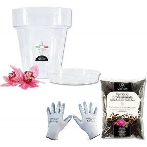 NouvelHorizonstore-Kit de rempotage pour orchid&eacute;es : Pot Transparent pour orchid&eacute;es, 4 Trous de Drainage et Soucoupe + terreau sp&eacute;cifique pour orchid&eacute;es 1L, Gants de Jardinage (14mm) - Neuf