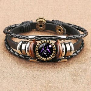 12 Constellation Signe Du Zodiaque Noir Tress&eacute; Cuir Bracelet Vierge Balance Verre Tiss&eacute; D&ocirc;me Bijoux Punk Hommes Bracelet - Neuf