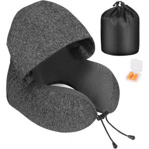 Oreiller de voyage en mousse à mémoire de forme, coussin de voyage à capuche, coussin de voyage confortable avec capuche pour avion, voiture, train ou bureau - Neuf