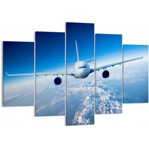 Moderne Impression sur Toile Image Tableau Decoration Murale Avion ciel nuages vol Tableaux Decoratifs Muraux Chambre Triptyque 5 parties Deco Cadre Décoration 50 x 25 cm. (sans cadre) - Neuf