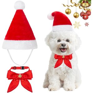 Jgd-2 Pi&egrave;ces Costume De No&euml;l Pour Chien Chat, Ensemble De Chapeau Noeud Papillon De Chien De No&euml;l R&eacute;glable Pour Animaux De Compagnie - Neuf