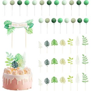 Eryi-Lot De 21 Décorations De Gâteau En Feuilles Vertes, 20 Boules De Gâteau, 1 Bannière D'anniversaire, Kit De Décoration De Gâteau D'anniversaire, Inserts De Décoration De Cupcake, Accessoires De - Neuf