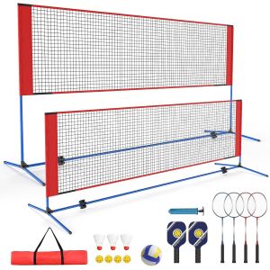 Jeu De Filet De Badminton,Hauteur R&eacute;glable,Support Et Sac De Transport Portable Avec Raquettes De Volley-Ball Et De Pickleball Et Raquettes De Badminton Pour Les Jeux D'int&eacute;rieur Et D'ext&eacute;rieur - Neuf