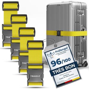 KALANKA-&reg; Lot de 4 sangles de valise de qualit&eacute; sup&eacute;rieure, particuli&egrave;rement attrayante et s&ucirc;re, avec 2 &eacute;tiquettes &agrave; bagage, sangle de bagage id&eacute;ale en croix, jaune - Neuf