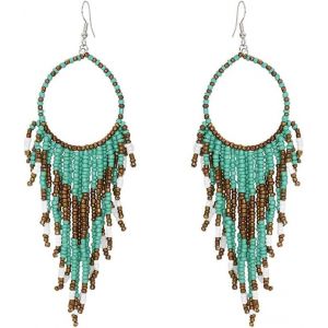 Kal-Boucles D'oreilles Pendantes Bohème À Longues Franges Pour Femmes Et Filles - Perles De Boule - Chaîne Tressée - Crochet Suspendu - Lustre Tribal Exagéré - Attrape-Rêves - Neuf