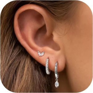 3 Paires De Boucles D'oreilles En Or Pour Femmes Et Filles Ensemble Hypoallergénique En Argent 925 Avec Créoles Et Clous D'oreilles Plaqué Or 14k Avec Papillon Et Zircon - Neuf
