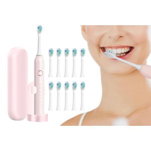 Brosse &Agrave; Dents &Eacute;lectrique 22 000 Vibrations/Minute Avec 10 T&ecirc;tes De Brosse Et Accessoires - Rose - Neuf