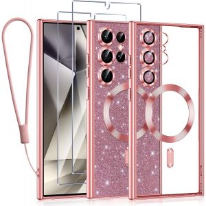 SJZG-Glitter Magn&eacute;tique Pour Samsung Galaxy S24 Ultra 5G Con Cordon, [Compatible Avec Magsafe] Antichoc Brillant Paillet&eacute; Souple Couqe Pour Samsung S24 Ultra 5G Avec 2 Pi&egrave;ces Verre Tremp&eacute; &Eacute;tui, Rose - Neuf