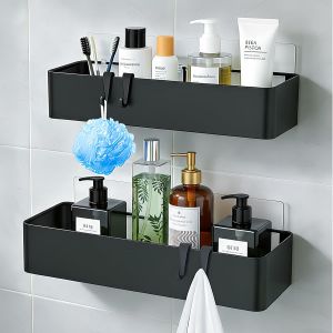 Etagere Douche sans Percage Adh&eacute;sif Noir, 2 Pi&egrave;ces Etagere Salle de Bain M&eacute;tallique avec 4 Crochets, Grande Capacit&eacute; Rangement Douche Imperm&eacute;able, Support Gel et Shampooing, pour Salle de Bain,Cuisine - Neuf