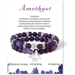 Kal-2 Pi&egrave;ces Bracelet En Pierre Naturelle, Bracelet D'agate, Bracelet De Pierres Pr&eacute;cieuses, Bracelet &Eacute;lastique En Pierre Avec Breloques Papillon Pour Femmes Et Fille - Neuf