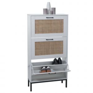 Armoire &agrave; chaussures HWC-N92, Meuble &agrave; chaussures, 3 compartiments fa&ccedil;ade en rotin m&eacute;lamine, 126x63x24cmblanc - Neuf