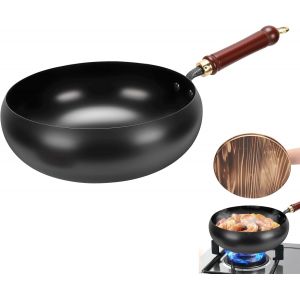 Subzonal-Po&ecirc;le Japonaise En Fer Avec Couvercle En Bois, 28 Cm, Sans Rev&ecirc;tement, Avec Spatule, Po&ecirc;le Wok En Fonte Forg&eacute;e &Agrave; La Main Pour Cuisini&egrave;res &Eacute;lectriques/&Agrave; Induction/Cuisini&egrave;res &Agrave; Gaz (Couvercle - Neuf