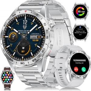 Kyaoayo-Montre Connectée Homme Avec Appel/1,43"" Amoled Montre Connectée,24/7 Fréquence Cardiaque/Moniteur Sommeil,Etanche Ip68 Podomètre Pour Android Ios,Argenté - Neuf