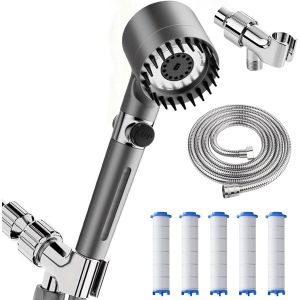 JGD-Pommeau de Douche Haute Pression, 4 Modes Pommeau de Douche Anti Calcaire avec 1.5m Tuyau Douche et 5 Filtre Economie Deau, Douchette Douche Salle de Bain avec Bouton D'arr&ecirc;t D'eau - Neuf