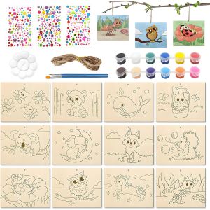 Kalanka-Kit De Bricolage En Bois, 12 Pi&egrave;ces Planche &Agrave; Dessin En Bois Diy Avec Autocollants Diamant, Peinture Et Ficelle, Diy Kits De Loisir Creatif Pour Enfants, Peinture Et Artisanat - Neuf