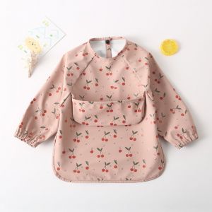 Baby Bavoir Avec Manches, Manches Longues Bavoir Imperméable Bébé Bib Avec Des Poches Pour L'alimentation Et Le Jeu Avec Des Bébés De 6 À 12 Mois (Cherry Modèle) - Neuf