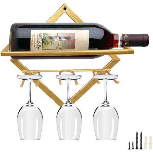 Supports Muraux Pour Bouteilles De Vin En Métal,Rganisateur De Casier À Vin Suspendu Pliable Pour 2 Bouteilles D'alcool,Étagère Murale Casier À Vin Pour Cave De Bar De Cuisine (1,Gold-B) - Neuf