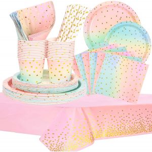 121pcs Party Vaisselle,Kit Vaisselles Anniversaire Ensemble Assiettes Tasses,Pailles Serviette Pour Douche De Bébé Anniversaire Fête Party Fête Mariages(24 Invités) - Neuf