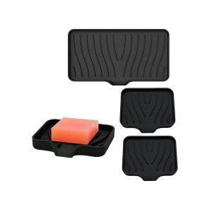 Lot de 3 porte-savons en silicone noir auto-&eacute;gouttants pour salle de bain et cuisine - Neuf