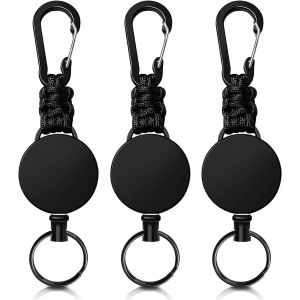 KALANKA-Porte Badge Enrouleur 3 Pi&egrave;ces Porte Badge Retractable, Porte Cl&eacute; Retractable avec C&acirc;ble en Fil d'Acier de 60 cm Porte Clef Extensible pour le Bureau, l'Ext&eacute;rieur, le Camping (noir) - Neuf