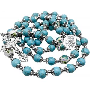 Kales-Store Catholique Turquoise Marbre Perles Chapelet Fleurs Collier De Perles Médaille Miraculeuse Croix Crucifix Ton Argent Chapelets Dans Un Sac En Velours - Neuf