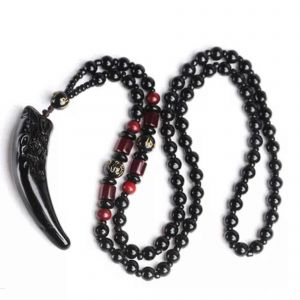 Collier Pendentif En Obsidienne Noire Glac&eacute;e En Pierre Naturelle, Dent De Loup, 45 Cm (18 Pouces), Bijou Unisexe. - Neuf