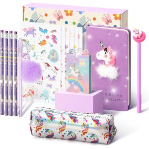 Cadeau de Papeterie Licorne pour Fille 6 7 8 9 10 11 12 Ans,Trousse,Stylo,Crayon et Carnet de Licorne,Ensemble de Jouets Licorne pour Filles,Violet - Neuf