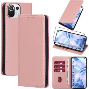 Kalanka-Coque Cuir Pour Xiaomi 11 Lite 5g Ne/Mi 11 Lite 4g/5g Avec 1 Verre Tremp&eacute; Etui &Agrave; Rabat En Pu Porte-Cartes Portefeuille Support Flip Housse Magn&eacute;tique Antichoc Anti-Rayures Case 6.55"",Rose-Gol - Neuf